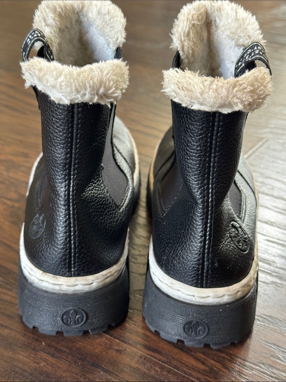 Rieker Black Ankle Boots with Cream Fur Trim - Picture 9 of 11
